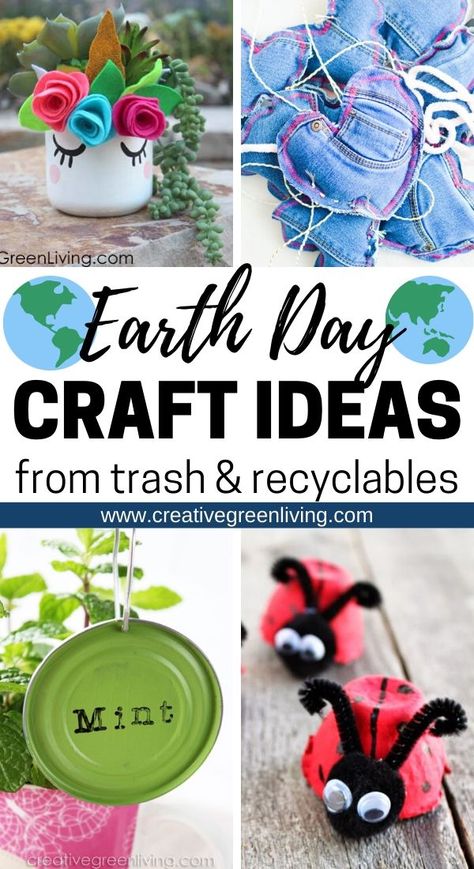 Get a mega list of the best earth day crafts for kids and adults to make from recycled materials. These clever DIY ideas teach you how to turn trash and recyclables like wine corks, tin cans, egg cartons, cardboard, old cloths, glass jars and plastic bottles and turn them into fun and impressive crafts. Each of these projects is an easy way to teach about upcycling and turning garbage into clever, useful projects instead! #earthday #recycledcrafts #upcycling #upcycledcrafts Diy Useful Crafts, Earth Day Craft Ideas, Impressive Crafts, Useful Crafts, Diy Useful, Trash To Treasure Ideas, Earth Day Craft, Recycle Craft Projects, Earth Day Projects