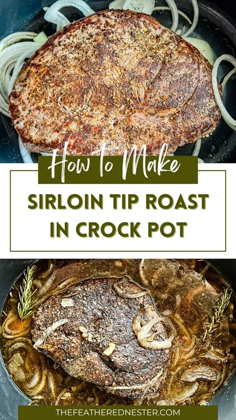 Discover the magic of crock pot cooking with this easy sirloin roast in slow cooker recipe. Just set it and forget it and let the crock pot do all the work for dinner! Sirloin Steak In Crockpot Slow Cooker, Sirloin Top Round Roast, Slow Cooker Sirloin Tip Roast Recipes, Beef Round Tip Roast Recipes Crock Pot, Crockpot Sirloin Tip Roast Crock Pot, Beef Top Sirloin Steak Recipes Crock Pot, Sirloin Roast Recipes Crock Pots, Crockpot Sirloin Roast, Beef Top Round Steak Recipes Crock Pots