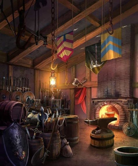 Blacksmith Shop Fantasy Art, Fantasy Blacksmith Shop Concept Art, Medieval Blacksmith Shop, Dnd Store Art, Blacksmith Shop Concept Art, Blacksmith Workshop Concept Art, Fantasy Shop Keeper, Blacksmith Forge Fantasy Art, Acnh Blacksmith