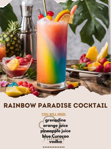 🌈 Brighten up your day with a stunning Rainbow Paradise Cocktail! 🍹 Vibrant, fun, and perfect for any celebration. #ColorfulCocktails #PartyTime Rainbow Paradise Cocktail Recipe 🎉 Ingredients: 30ml grenadine 30ml orange juice 30ml pineapple juice 30ml blue Curaçao 30ml vodka Ice cubes Orange slice for garnish Instructions: Fill a glass halfway with ice cubes. Pour grenadine over the ice, allow to settle. Slowly layer the orange juice, then pineapple juice over the grenadine. In a separate... Rainbow Paradise Cocktail, Paradise Drink, Paradise Cocktail, Bartender Recipes, Vodka Ice, Alcholic Drinks, Liquor Recipes, Cocktail Drinks Alcoholic, Mixed Drinks Alcohol