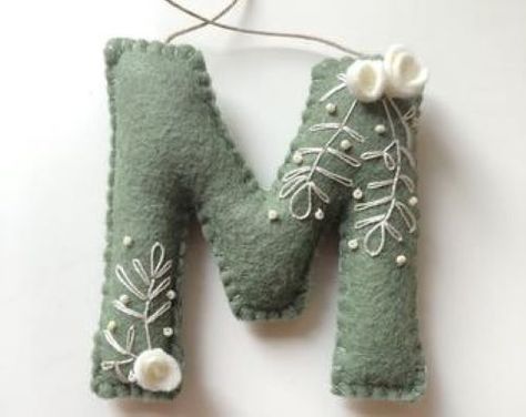 Felt Letter Christmas Ornaments, Felt Letters Diy, Felt Letter Garland, Letter M Art, Handmade Felt Ornament, Felt Keychain, Cream Embroidery, Letter Ornaments, Felt Crafts Christmas