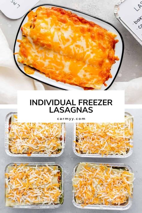 This classic lasagna filled with a meaty sauce and all the cheese is the perfect freezer friendly meal. This recipe makes for 6 Individual Freezer Lasagnas. | Lasagna for One | Mini Lasagnas | How To Make Freezer Lasagna Recipe Mini Freezer Lasagna, Freeze Lasagna How To, Individual Lasagna Recipes, Freezer Lasagna Recipe, Lasagna Pockets, Hatch Recipes, Lasagna For One, Individual Freezer Meals, Single Meals