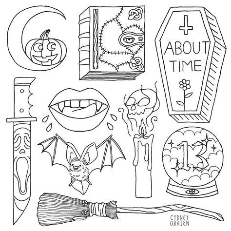 Halloween Flash Tattoo Sheet, Spooky Outline Tattoos, Simple Halloween Tattoo Flash, Halloween Flash Art, Halloween Flash Sheet Simple, Halloween Flash Sheet, Halloween Line Art, Spooky Line Work Tattoos, Halloween Pinup Tattoo Flash