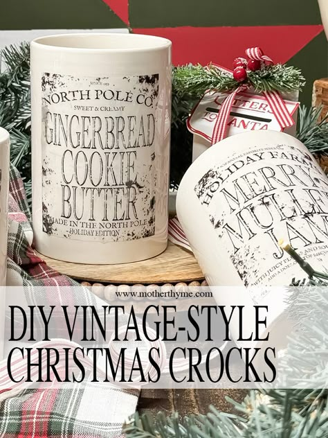 DIY Vintage-Style Christmas Crocks – Free Printable Labels - Mother Thyme Crock Christmas Decorations, Mother Thyme Christmas Crafts, Christmas Trees In Crocks, Primitive Christmas Labels, Christmas Crock, Cricut Jar Labels Kitchen Canisters, Christmas Jar Gifts, Coffee Label, Gift Jar