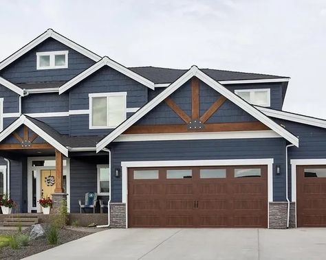 Slate Blue House Exterior With Cedar, Dark Blue House With Wood Accents, Dark Blue House Exterior Black Windows, Navy House Black Door, Dark Exterior With Cedar Accents, Blue House With Wood Door, Navy Craftsman Exterior, Smokey Blue House Exterior, Blue House Wood Garage Door