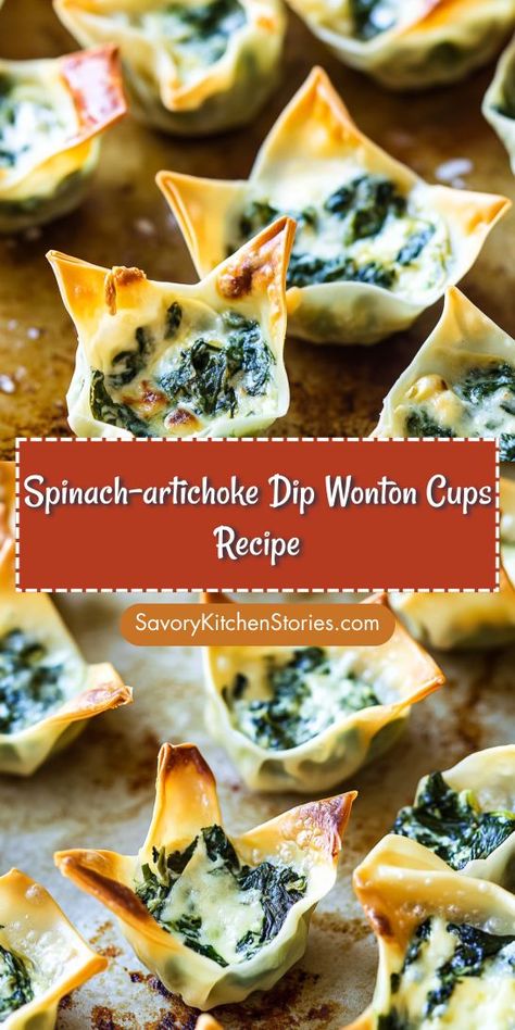 Looking for a crowd-pleasing appetizer that’s both delicious and easy to make? This Spinach-Artichoke Dip Wonton Cups Recipe offers the perfect bite-sized treat for any gathering! Save this recipe to whip up a delightful appetizer that will impress your guests and keep them coming back for more! Spinach Dip Appetizers, Wonton Wrapper Recipes Appetizers, Spinach Artichoke Cups, Spinach Artichoke Bites, Wonton Cups Appetizers, Finger Appetizers, Artichoke Bites, Artichoke Appetizer, Wonton Appetizers