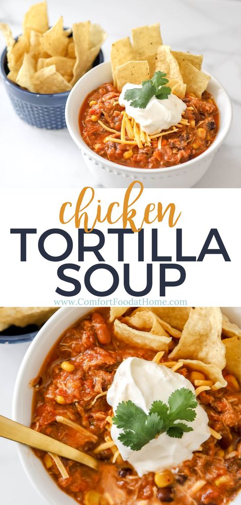 If you’re looking to shake things up for Taco Tuesday, try this Mexican-inspired slow cooker chicken tortilla soup a try! Perfect for cold days and those wanting a hearty meal, it’s simple to make but bold on flavor. Slow Cooker Chicken Tortilla Soup, Tuesday Recipes, Delicious Slow Cooker Recipes, Food At Home, Hearty Meal, Southern Food, Chicken Tortilla Soup, Easy Lunch Recipes, Chicken Tortilla