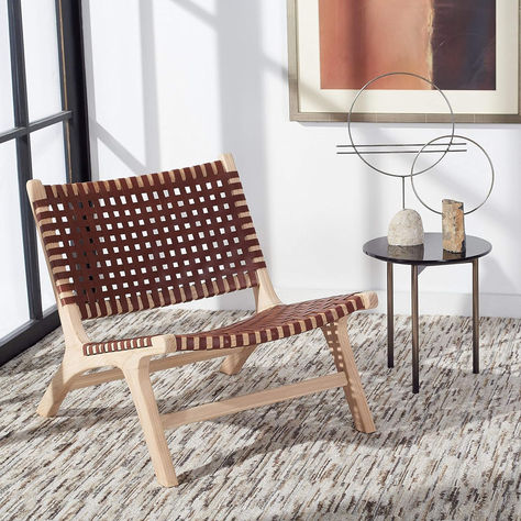 Safavieh Home Collection Luna Natural and Cognac Leather Woven Accent Chair Leather Woven Chair, Woven Accent Chair, Mid Century Accent Chair, Woven Chair, Leather Side Chair, Printed Chair, Leather Accent Chair, Parsons Chairs, Single Sofa