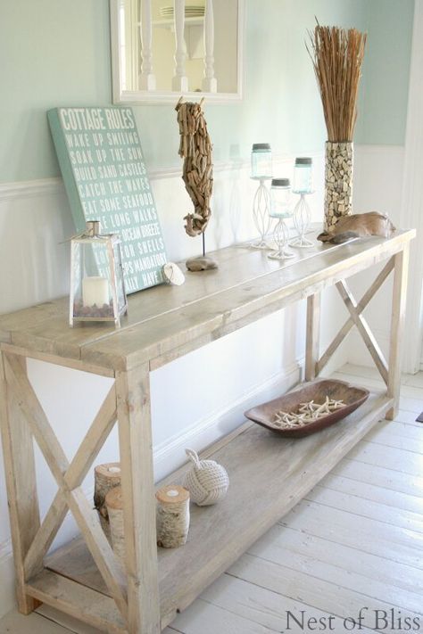 Hallway Tables Entryway, White Wood Table, Wood Table Rustic, Weathered Wood Finish, Beach Theme Living Room, Cottage Table, White Console Table, Minimalist Living Room Decor, Beach House Interior Design