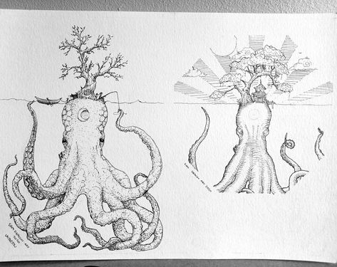 Fantasy Map Drawing, Map Drawing Ideas, Fantasy Map Drawing Ideas, Octopus Monster, Colossal Squid, Hybrid Creature, Map Drawing, Tree Tattoos, Ink Pen Art