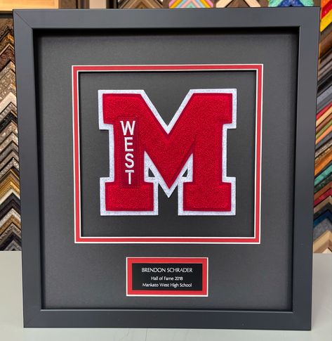 High school letter custom framed with acid-free matting, UV acrylic and name plate! #art #denver #colorado #pictureframing #customframing #5280customframing #highschoolletterman #shadowbox Sports Frames Ideas, Varsity Letter Display Ideas, High School Shadow Box Ideas, High School Letter Display, Varsity Letter Shadow Box Ideas, Varsity Letter Ideas, Jersey Presentation, Academic Awards, Dad Crafts