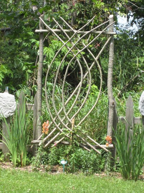 Rustic Plant Supports — Cherry Gallery Willow Arbor, Gardening Notebook, Diy Arbour, Garden Vines, Garden Arbor, Notebook Ideas, Garden Yard Ideas, Sticks And Stones, Garden Gate