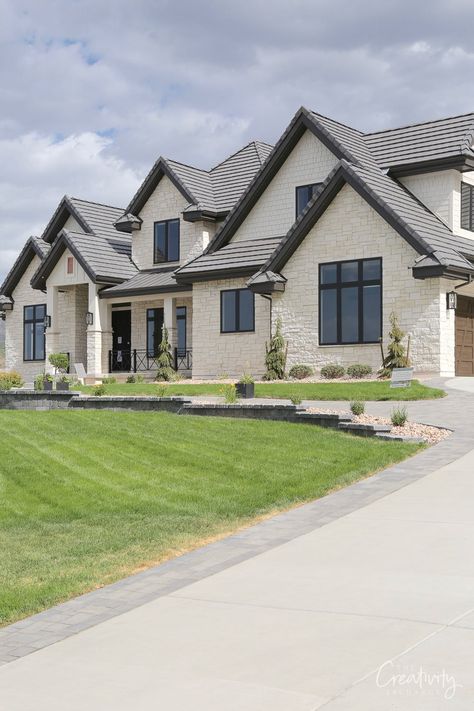 Stone Color House Exterior, Ranch House Elevations, New Traditional Home Exterior, Back Of Home Exterior, New Home Build Exterior, White Rock Home Exterior, Exterior Modern Farmhouse Ideas, Dream Brick House, This Is How We Bingham House