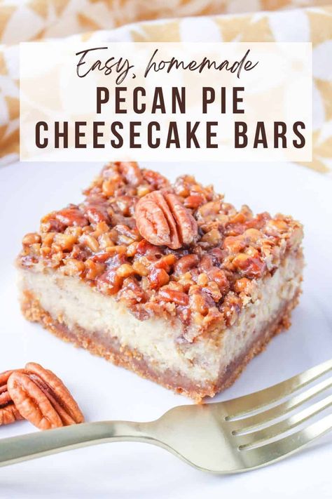 Easy Pecan Pie Cheesecake Bars combine the classic flavors of pecan pie with the creamy richness of cheesecake. This dessert is sure to become one of your new favorites. Easy Pecan Pie Cheesecake, Easy Pecan Cheesecake, Pecan Pie Cheesecake Bars Recipe, Desserts Bars, Pecan Pie Cheesecake Bars, Pecan Cheesecake Bars, Easy Pecan Pie, Cheesecake Bars Easy, Homemade Pecan Pie