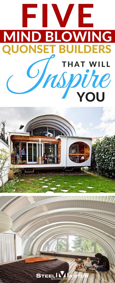 Check out these five mind-blowing Quonset Hut builders whose amazing ideas will get your creative juices flowing. quonset hut | quonset builders | inspiration | quonset hut homes | eyebrow house | portlandia | airplane house | interior design | prefabricated | steel buildings | arch houses | arch buildings Quonset Hut Homes Interior Ideas, Quansa Hut Houses, Quonset House Floor Plans, Quanza Hut House, Quonset Hut Homes Interior Floor Plans, Nissen Hut, Quonset House, Airplane House, Arched Cabins