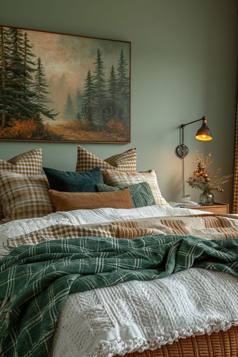 bedroom ideas, bedroom inspo, fall home decor, room ideas, fall bedrooms Master Bedrooms Decor Easy, Bedroom Inspirations Autumn, Nature Guest Bedroom, Mossy Green Aesthetic Bedroom, Bed Facing Window Layout, Fall/winter Bedding, Colorado Vibe Decor, Cabin Style Decorating Ideas, Green Plaid Bedroom