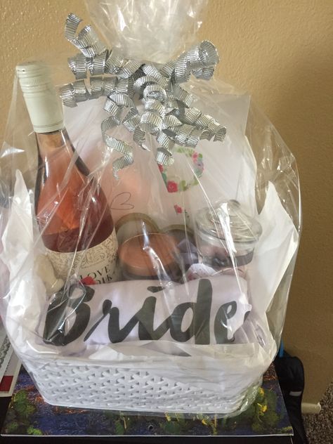 Bridal basket I made! Bridal Gift Basket Ideas, Bridal Basket Ideas, Bridal Gift Baskets, Alcohol Gift Baskets, Bridal Lingerie Shower, Bridal Basket, Diy Bridal Shower Gifts, Wedding Baskets, Basket Gifts