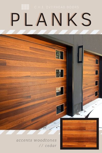 contemporary garage door faux wood planks style Exterior Farmhouse Design Ideas, 3 Car Garage Doors Ideas, Garage Exterior Color Ideas, Garage With Front And Back Doors, Wood Like Garage Doors, Modern Cabin Door, Wood On Exterior Of House, Mid Century Modern Garage Door Ideas, Diy Modern Garage Door