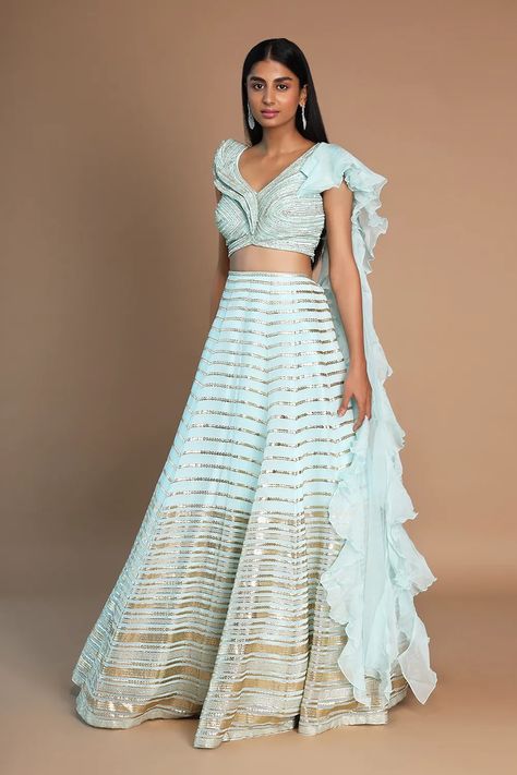 Baby Blue Shimmery Cocktail Lehenga with 3D Detailed Blouse and Ruffled Dupatta - Seasons India Festive Light Blue Lehenga With Unstitched Blouse, Blue Ruffled Lehenga For Party, Pale Blue Lehenga, Festive Blue Lehenga With Ruffles, Blue Semi-stitched Embellished Lehenga, Western Gowns, Ruffle Dupatta, Casual Gowns, Wedding Salwar Kameez