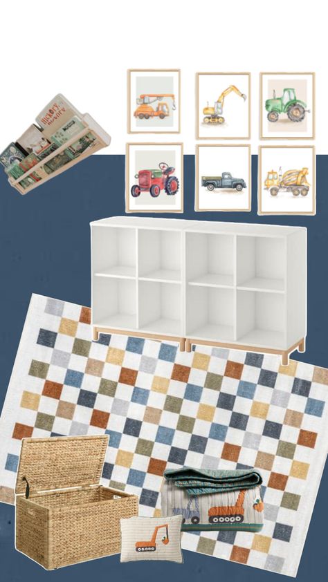 Toddler Boy Truck Room, Construction Truck Bedroom, Toddler Tractor Room, Farm Toddler Room, Car Theme Toddler Room, Toddler Boy Shared Room, Toddler Boy Room Inspiration, Boy Tractor Room, Truck Toddler Room