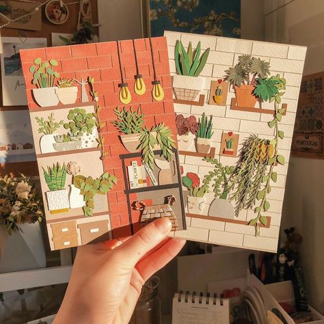 Love the shadows 🌿☀️ —————————— Lissovacraft.etsy.com Construction Paper Art, Cut Paper Illustration, Bullet Journal Cover Ideas, Paper Cutout Art, Miniature Things, Collage Art Projects, Paper Collage Art, Plant Shop, Paper Artwork