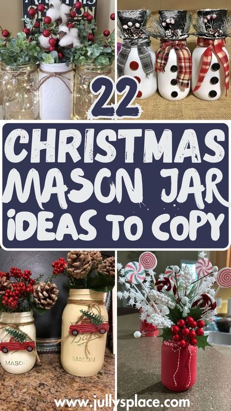 christmas mason jar ideas, christmas mason jars, christmas mason jars centerpieces, diy christmas mason jars Diy Mason Jar Candle Holders, Decorate Mason Jars For Christmas, Christmas Utensil Holder Diy, Christmas Painted Mason Jars, Christmas Mason Jars Centerpieces, Mason Jar Fairy Lights Diy, Mason Jars Christmas Ideas, Mason Jar Centerpieces Christmas, Glass Jar Christmas Decor