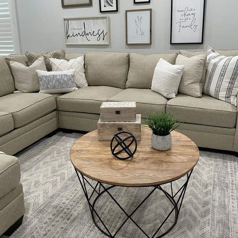 Small Living Room Sectional Layout With Coffee Table - Soul & Lane Living Room Sectional Layout, Small Living Room Sectional, Wood Frame Gallery Wall, Black Metal Coffee Table, Grey Sectional Couch, Sectional Layout, Sectional Living Room Layout, Sectional Coffee Table, Frame Gallery Wall