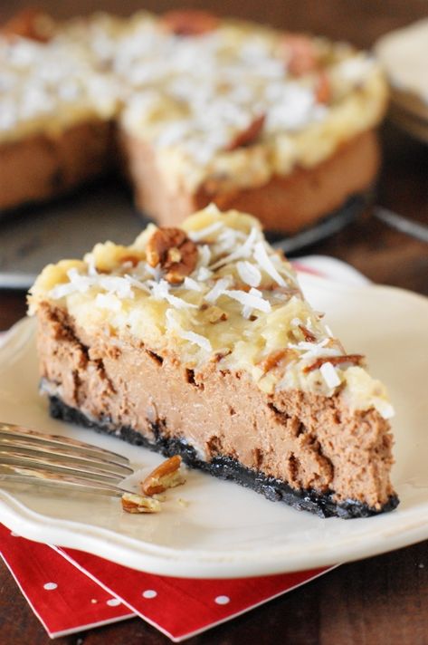 German Chocolate Cheesecake { & GIVEAWAY!} - FoodBlogs.com #germanchocolate #cheesecake #cheesecakerecipes #chocolate #coconut Oreo Sweets, Genoa Cake, German Chocolate Cheesecake, Decadent Cheesecake, Cheesecake Baked, Creamy Chocolate Cheesecake, Crumb Crust, Cake Coconut, Pecan Topping