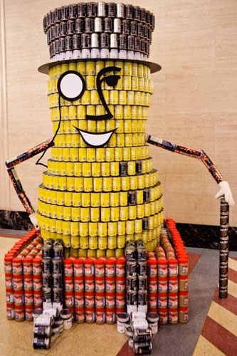 >Have time on your hands? Recycle Installation, Pop Art Exhibition, Can Sculpture, Mr. Peanut, Mr Peanut, Merchandising Ideas, Grocery Market, Sculpture Exhibition, Food Sculpture