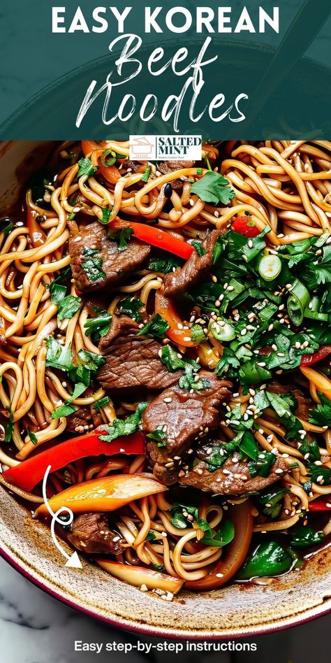 Discover the ease of making delicious Asian noodle recipes at home with our Korean beef and noodles. Whether you like it spicy or mild, this dish is packed with protein and can be ready in just 30 minutes. Ideal for a quick and easy dinner idea, especially during the colder months. Korean Noodle Recipes, Healthy Ramen Recipes, Spicy Korean Noodles, Spicy Asian Noodles, Asian Noodle Dishes, Sweet N Spicy, Korean Noodles, Beef Noodles, Gochujang Sauce