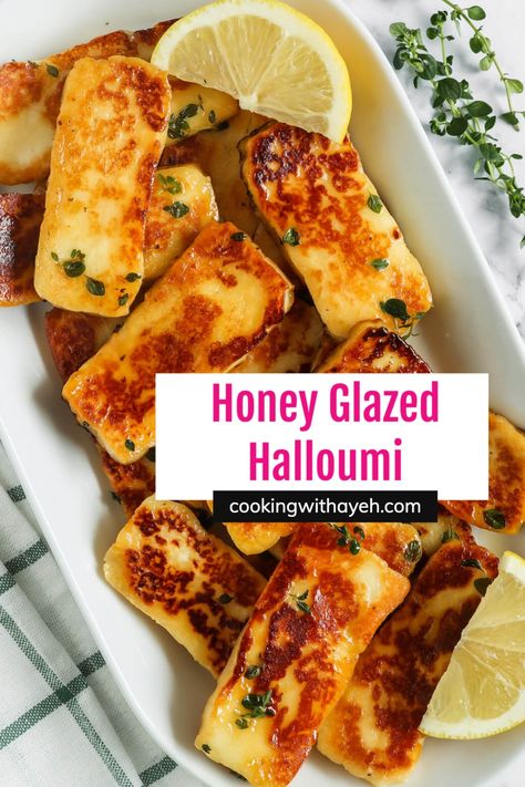 Baked Cheese With Honey, Fried Cheese With Honey, Halumi Cheese With Honey, Halloumi Cheese Appetizers, Honey Glazed Halloumi, Fried Cheese And Honey, Grilled Haloumi Recipes, Halloumi Honey Recipes, How To Cook Halloumi Cheese