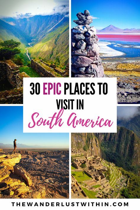 Looking for South America destinations to visit? This post contains information on the best places to in South America to travel to, like Machu Picchu, Peru, Bolivia, Easter Island, the Galapagos islands, Brazil, Rio de Janeiro, Colombia, Chile, Patagonia, Argentina and Ecuador. Best Places To Travel In South America, Best Places To Visit In South America, South America Trip, America Holiday, South America Travel Route, South America Travel Photography, Chile Patagonia, South America Travel Itinerary, South America Travel Destinations