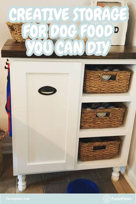 Dog food storage ideas Diy Feeding Station For Dogs, Dog Room Storage, Dog Feeding Area Ideas, Dog Items Organization, Wood Dog Food Storage, Dog Food Container Ideas, Diy Dog Food Storage, Diy Dog Food Station, Dog Stuff Organization