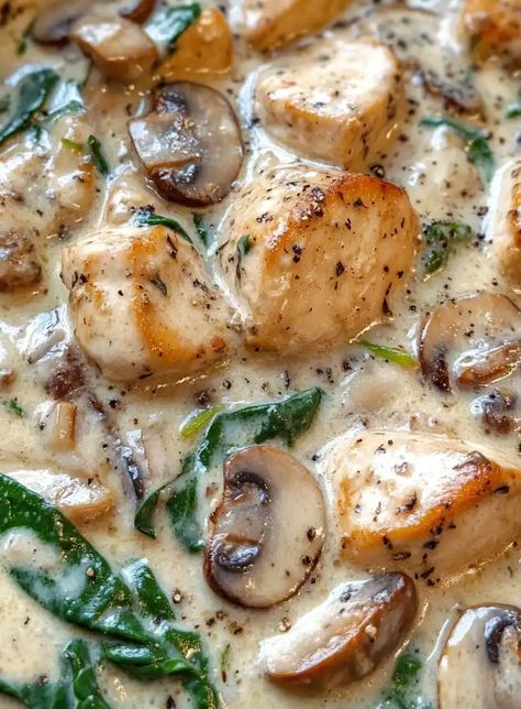 Creamy Chicken Mushroom Spinach Skillet (Easy & Delicious) Chicken Mushroom Spinach, Chicken Spinach Mushroom, Creamy Chicken Mushroom, Easy Creamy Chicken, Mushroom Spinach, Chicken Mushroom Recipes, Creamy Parmesan Sauce, Cooked Chicken Recipes, Chicken Mushroom