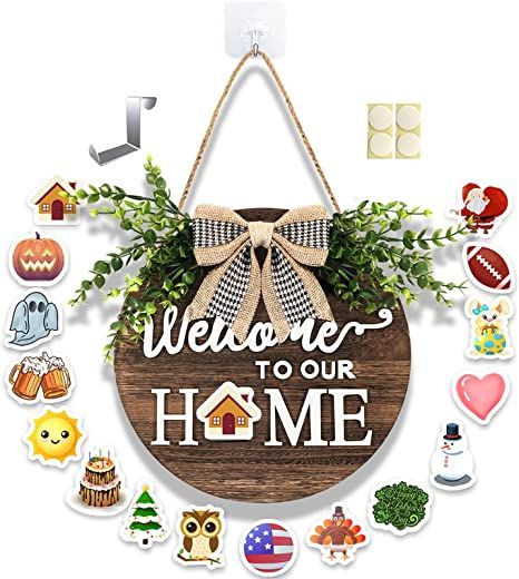 Amazon.com: Interchangeable Welcome Home Sign for Front Door Porch Decor Hanging Rustic Solid Wood Welcome to Our Home with Interchangeable Door Sign for Outdoor Farmhouse Holiday Christmas Housewarming Gift : Home & Kitchen Seasonal Welcome Sign, Interchangeable Welcome Sign, Porch Front Door, Outdoor Farmhouse, Welcome Home Signs, Welcome Door Signs, Door Porch, Front Door Porch, Farmhouse Porch