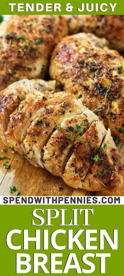 This split chicken breast recipe is roasted for a tender and juicy inside with a delicious crispy skin! Made with just 5 simple ingredients it is ready to cook in the oven in no time! #spendwithpennies #chickenbreastrecipe #splitchickenbreastrecipe #splitchickenbreast #chicken #maindish Baked Split Chicken Recipes Ovens, Split Chicken Breast Recipes Oven, Split Chicken Breast Recipes Crockpot, Skin On Chicken Breast Recipes, Split Chicken Breast Recipes Bone In, Split Chicken Recipes, Roasted Split Chicken Breast, Split Chicken Breast Recipes, Roasted Split Chicken