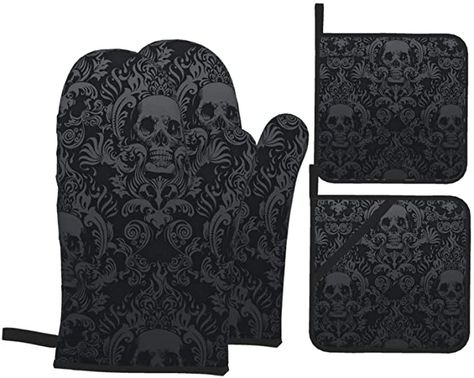 Goth Kitchen, Gothic Kitchen, Skull Rug, Black Ovens, Oven Mitts And Pot Holders, Bbq Gloves, Heat Resistant Gloves, Goth Home, Goth Home Decor