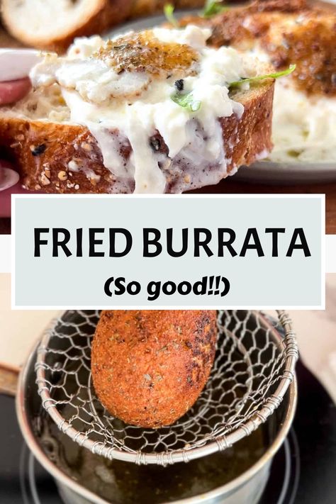 Fried burrata cheese is a deliciously creamy appetizer to serve your guests with some crusty bread. It’s creamy, melty and pure heaven! Fried Burrata Recipe, Fried Burrata, Fancy Pizza, Burrata Recipe, Phyllo Cups, Crostini Recipes, Appetizer Platters, Burrata Cheese, Cocktail Desserts