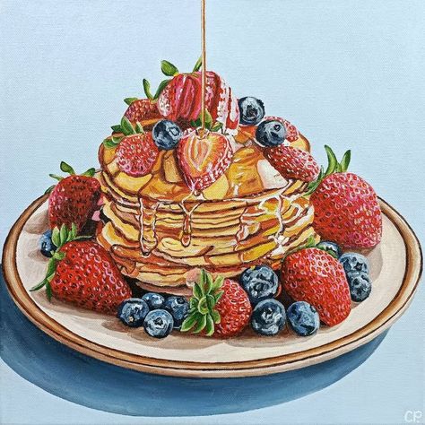 Cansupo - Etsy Greece Food Art Painting Acrylic, Pancake Painting, Breakfast Still Life, Pancakes Art, Breakfast Painting, Pancake Drawing, Pancakes With Strawberries, Breakfast Art, Painting Food