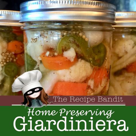 It’s a pickle, it’s a condiment, it’s an easy water bath canning pickle recipe with a kick. Giardiniera  is a delicious way to preserve veggies and a great little snack too! ❤️  #picking #canning #preserving #veggies #giardiniera #therecipebandit Pickled Vegetables Giardiniera Canning, Giardiniera Recipe Canning, Canning Giardiniera Recipe, Pickle Veggies, Homemade Giardiniera Recipe, Vegetable Canning, Pickling Veggies, Canning Pickles Recipe, Giardiniera Recipe