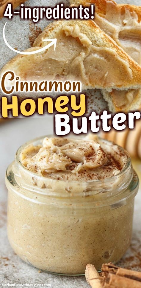 Cinnamon Honey Butter is a quick and tasty topping for your morning toast or evening biscuit. Since it only takes four ingredients, you can whip it up super fast last minute. Canned Honey Butter, Cinnamon Toast Butter, Easy Cinnamon Butter, Whipped Cinnamon Butter Recipe, Fresh Honey Recipes, Honey Cinnamon Butter Recipe, Whipped Cinnamon Butter, Honey Breakfast Ideas, Cinnamon Creamed Honey Recipe