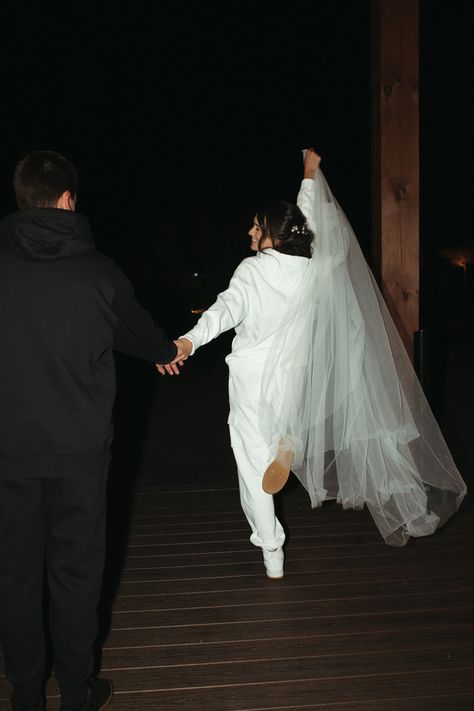 Send Off Dress Brides, Wedding Outfit Change Bride Comfy, Tracksuit Wedding, Wedding Nike Sweatsuit, Cozy Fall Wedding Ideas, Nike Sweatsuit Wedding, Casual Bride And Groom, White Sweats Wedding Reception, After Wedding Outfit The Bride Comfy