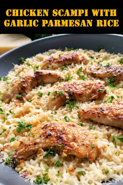 Chicken Scampi with Garlic Parmesan Rice - Foodie Mom Garlic Parmesan Rice, Parmesan Rice, Chicken Scampi, Easy Skillet Meals, Easy Skillet, Quick Chicken, Rice Ingredients, Chicken Main Dishes, Best Chicken Recipes