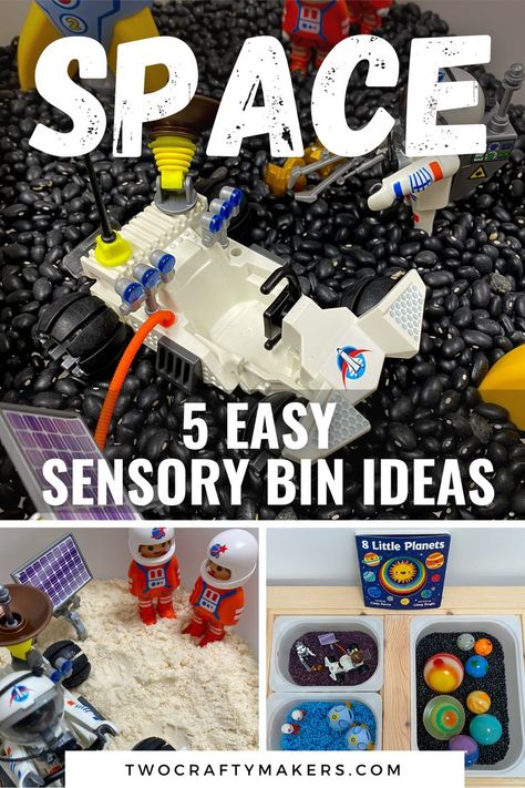 Explore the subject of space with these fun space sensory bin ideas! The perfect introduction to the planets and space! Astronaut Sensory Bin, Planets Sensory Bin, Galaxy Sensory Bin, Space Sensory Bin Preschool, Space Sensory Table, Solar System Sensory Bin, Space Themed Sensory Bin, Space Sensory Play, Outer Space Sensory Bin