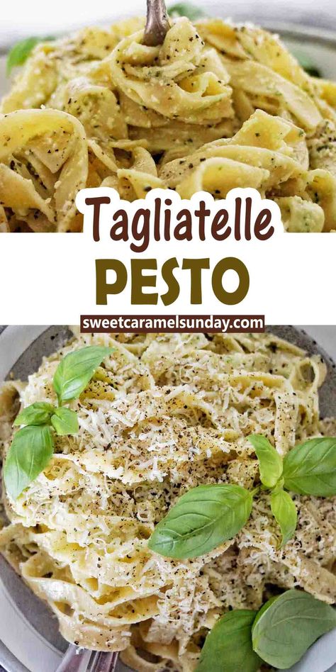 Fork being twirled in tagliatelle pesto in grey bowl with text written between 2 images. Tagliatelle Recipes, Chicken Tagliatelle, Easy Vegetarian Pasta, Tagliatelle Recipe, Comfort Pasta Dishes, Broccoli Pasta Recipe, Tagliatelle Pasta, Pesto Pasta Recipes, Vegetarian Pasta Recipes