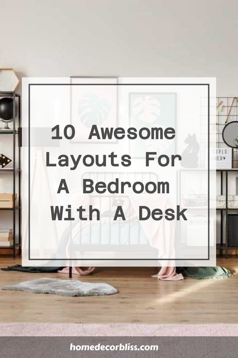 Looking for ideas to incorporate a desk into your bedroom layout? Check out these 10 awesome bedroom layouts that feature a stylish and functional desk area. Whether you have a small space or plenty of room to work with, these layouts offer creative solutions to make the most of your bedroom setup. From minimalist designs to cozy corners, find inspiration to create the perfect workspace within your personal sanctuary. Upgrade your bedroom with a practical and chic desk setup that suits your styl Full Bed And Desk Layout Small Room, Desk Under Window Bedroom, Bedroom Layouts With Desk, Bedroom With A Desk Layout, Bedroom With Desk Layout Ideas, Spare Bedroom Layout, Bedroom And Desk Layout, Bedroom Layout Ideas With Desk, Desk In Bedroom Ideas Layout