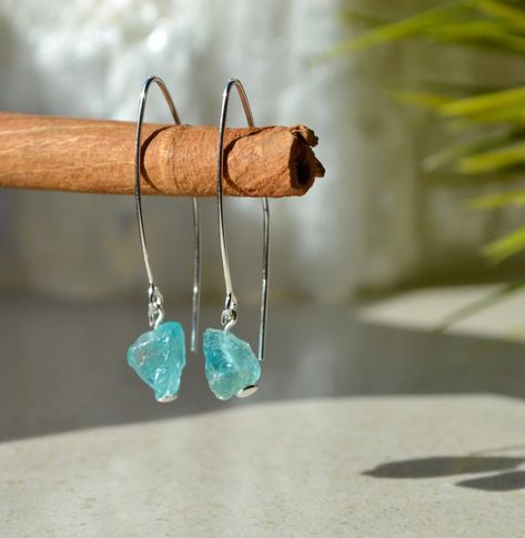 Raw Aquamarine earrings sterling silver crystal hoop drop | Etsy Sunstone Jewelry, Hoop Drop Earrings, Raw Aquamarine, March Birthstone Jewelry, Hematite Bracelet, Aquamarine Earrings, Silver Earrings Handmade, Aquamarine Crystal, March Birthstone