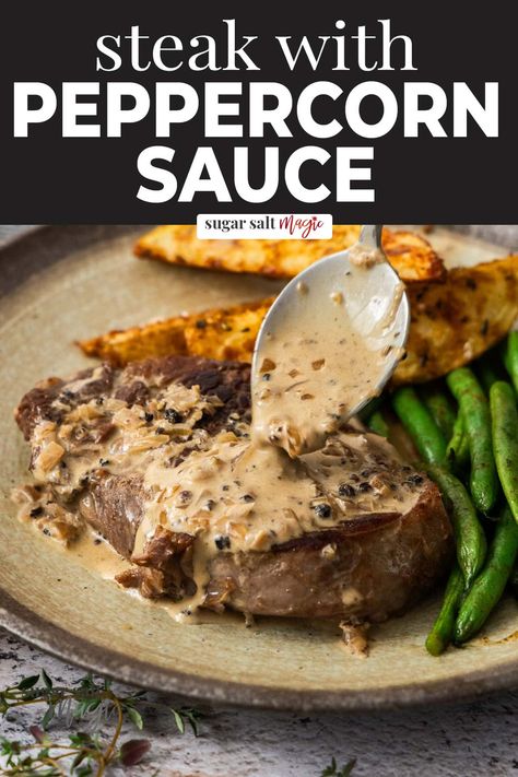 Elevate your steak night with this steak and peppercorn sauce. Spicy, creamy and delicious, it's an easy yet impressive dinner. With it's spicy kick and luxurious creaminess, this creamy peppercorn sauce is wonderfully rich and indulgent. It's takes the humble steak to new heights. Just simple cracked black pepper gives the spice, Worcestershire for a bit of tang, beef stock and pan juices for more beefiness and cream for body, flavour and texture - all combined for the perfect balance. Dinner Party Steak, Mushroom Peppercorn Sauce For Steak, Steak Dinner Party, Healthy Steak Dinner Recipes, Peppercorn Recipes, Easy Peppercorn Sauce, Steak Cream Sauce, Creamy Pepper Sauce, Peppercorn Sauce For Steak