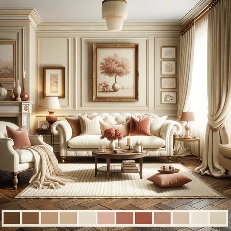 rosewood and cream living room Taupe Living Room Walls, Small Classic Living Room, Gold Couch Living Room Color Palettes, Cream Family Room, Tan Living Room Walls, Cream Living Room Walls, Sage Living Room Ideas, Cream Walls Living Room, Eclectic Salon