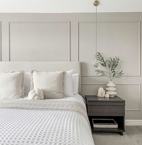 Panelling Above Bed, Full Wall Paneling Bedroom, Panelling Headboard, Panelled Walls Bedroom, Cream Upholstered Bed, Woman's Bedroom, Panels Bedroom, Wall Behind Bed, Panelled Walls